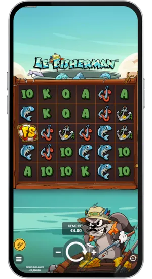 Le Fisherman bet control panel beneath the 6x5 cluster grid with the stake selector highlighted between the £0.10 minimum and £50 maximum