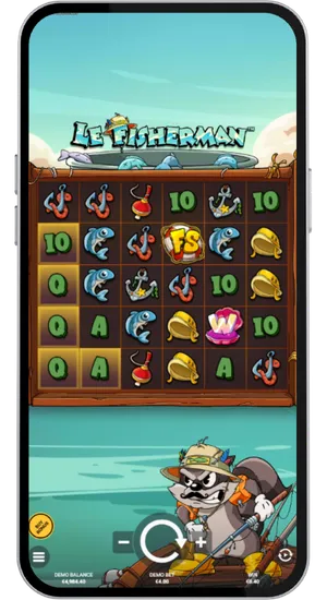 Le Fisherman slot mid-spin with fish symbols forming a cluster across the 6x5 grid and a win amount displayed on screen