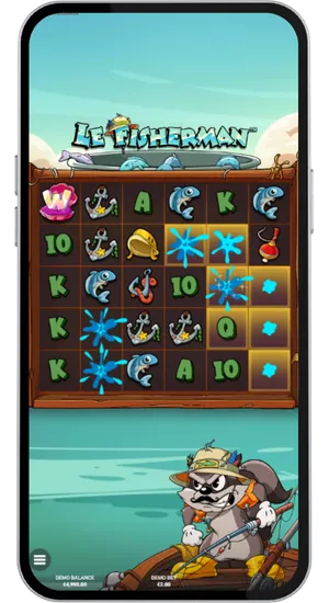 Le Fisherman Super Cascade in action with blue burst symbols exploding across the right side of the grid